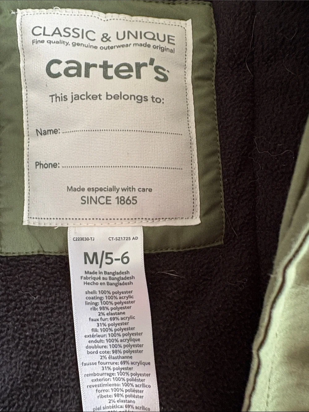 Carter's Olive Green Hooded Puffer Jacket with Faux Fur Trim size 5/6